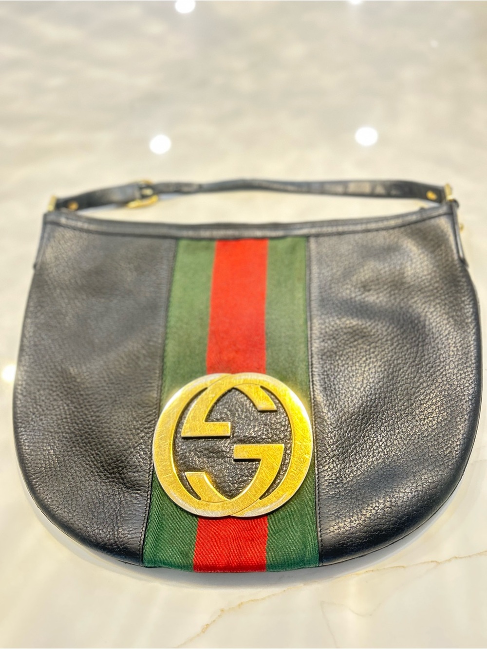 Gucci Black Ophidia Hobo  Leather Shoulder Bag with Green and Red Web and Gold
